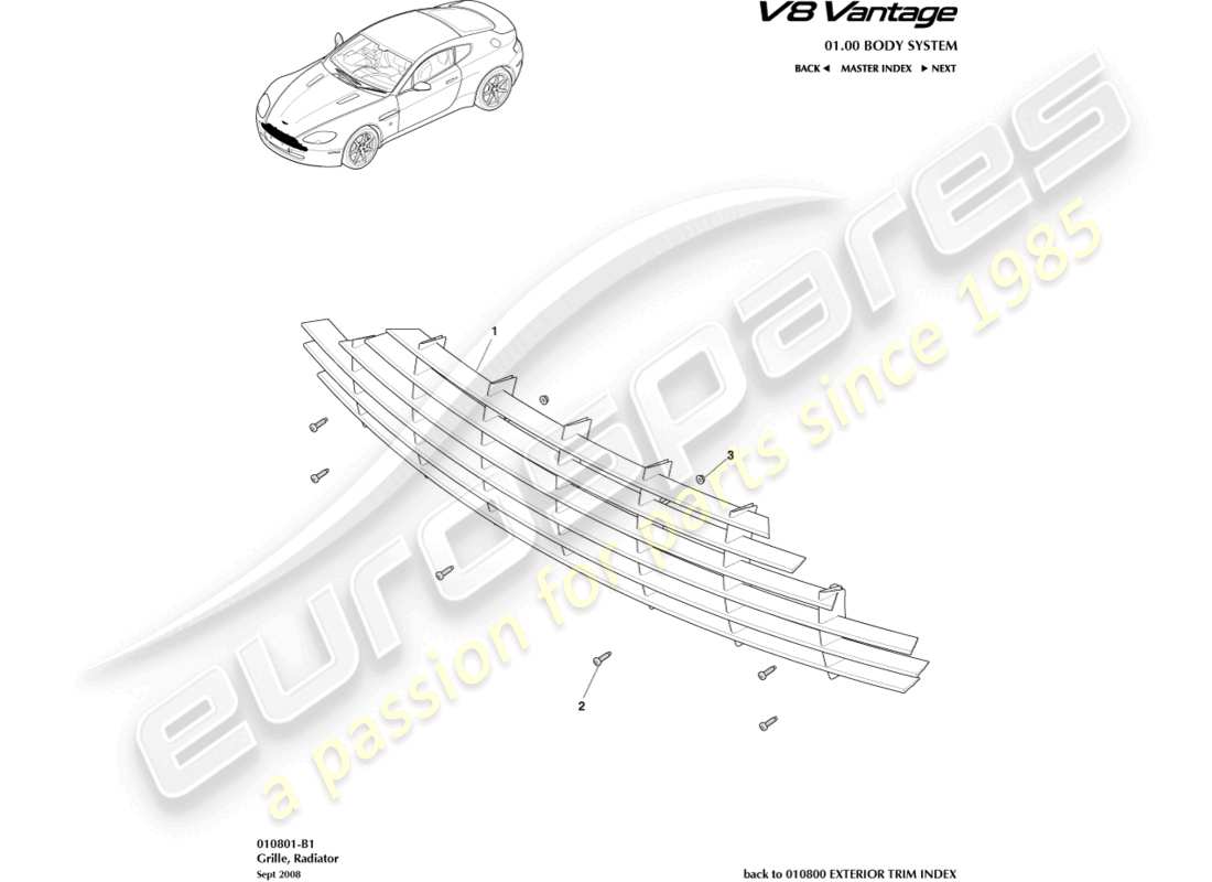aston martin v8 vantage (2016) radiator grille part diagram