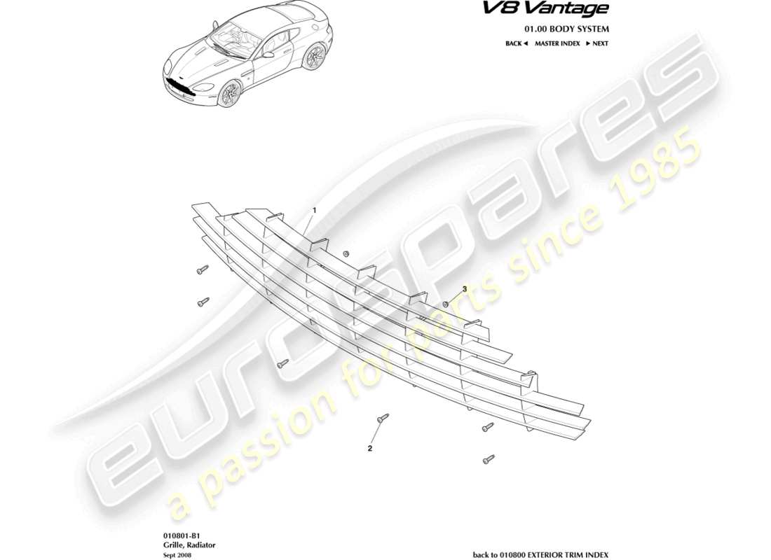 aston martin v8 vantage (2018) radiator grille part diagram