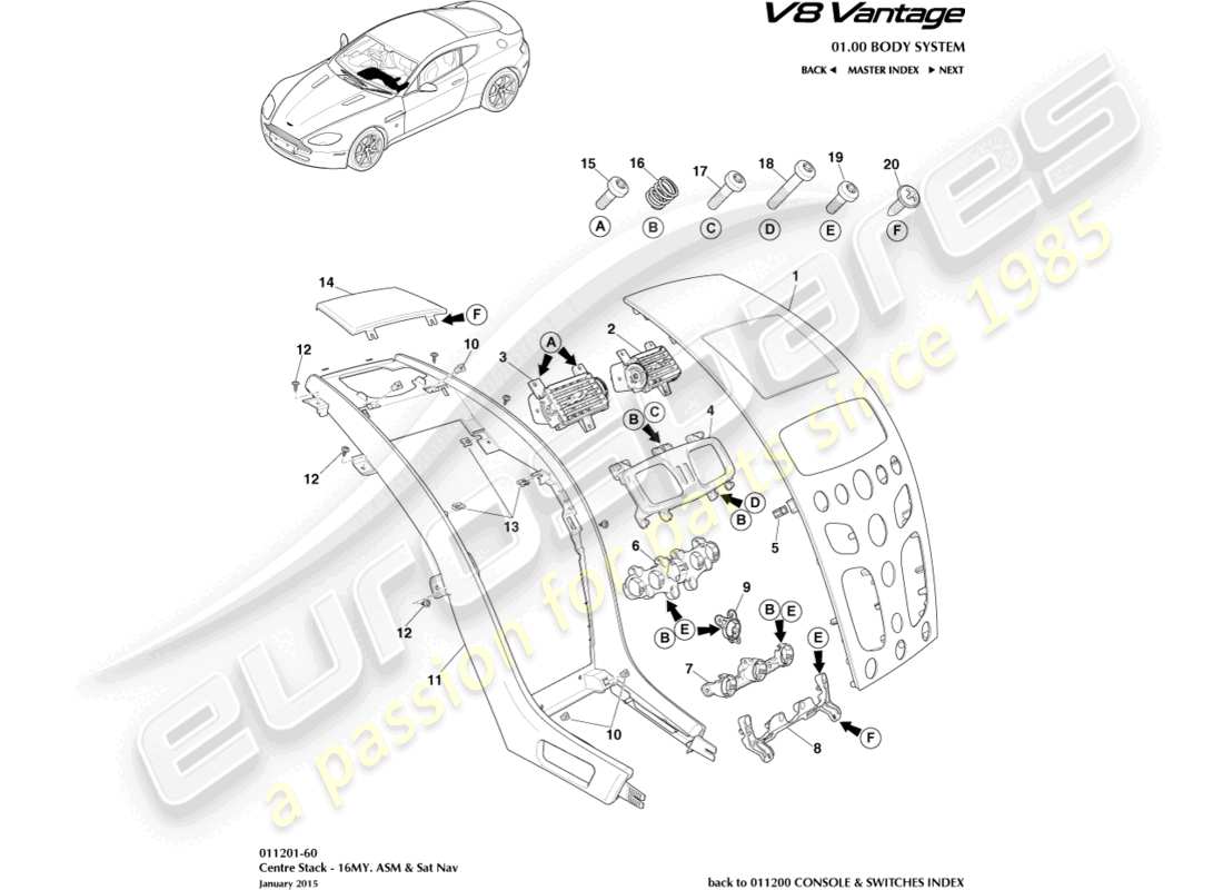 aston martin v8 vantage (2018) centre stack, asm, 16my part diagram