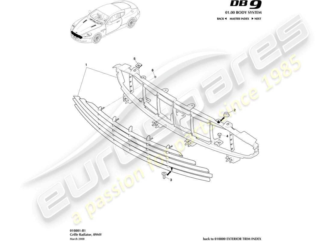 aston martin db9 (2010) radiator grille, 09my part diagram