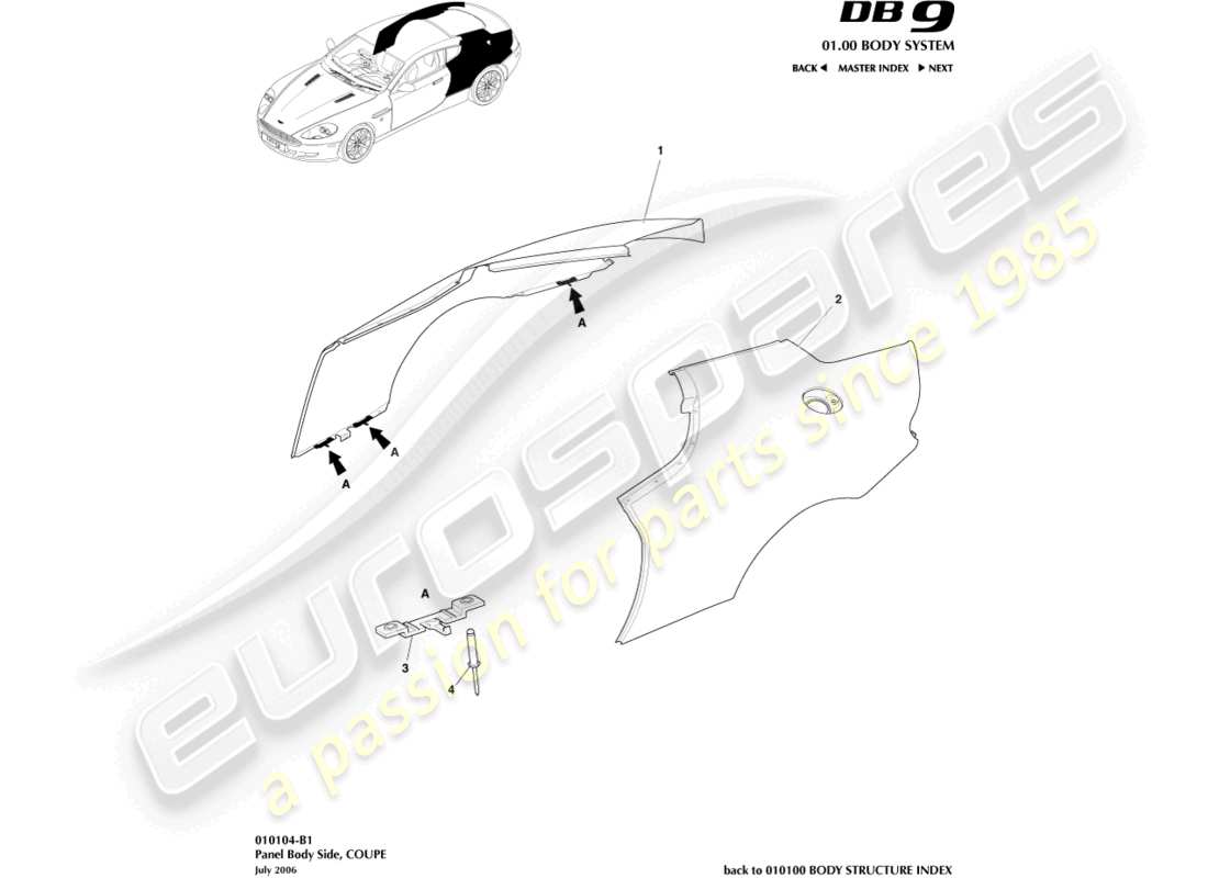 aston martin db9 (2004) panel body side, coupe part diagram