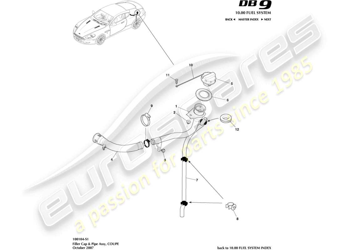 aston martin db9 (2004) fuel filler cap & pipe, coupe part diagram