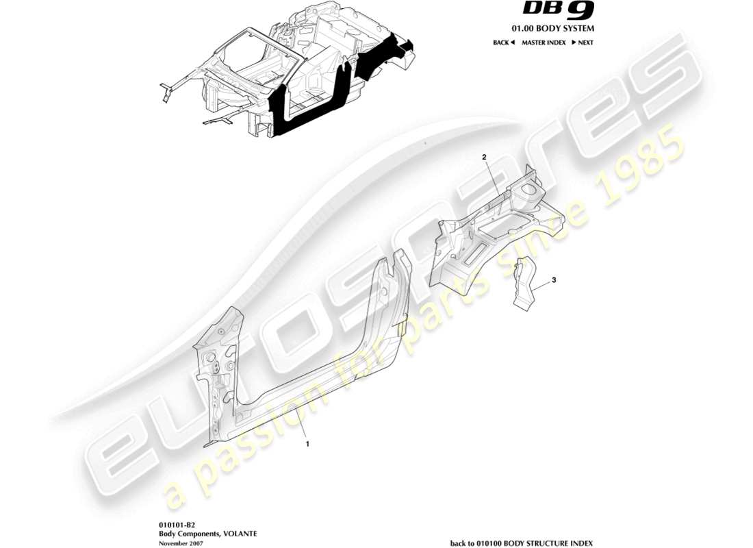 aston martin db9 (2008) body components, volante part diagram