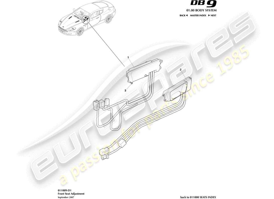 aston martin db9 (2004) front seat adjustment part diagram