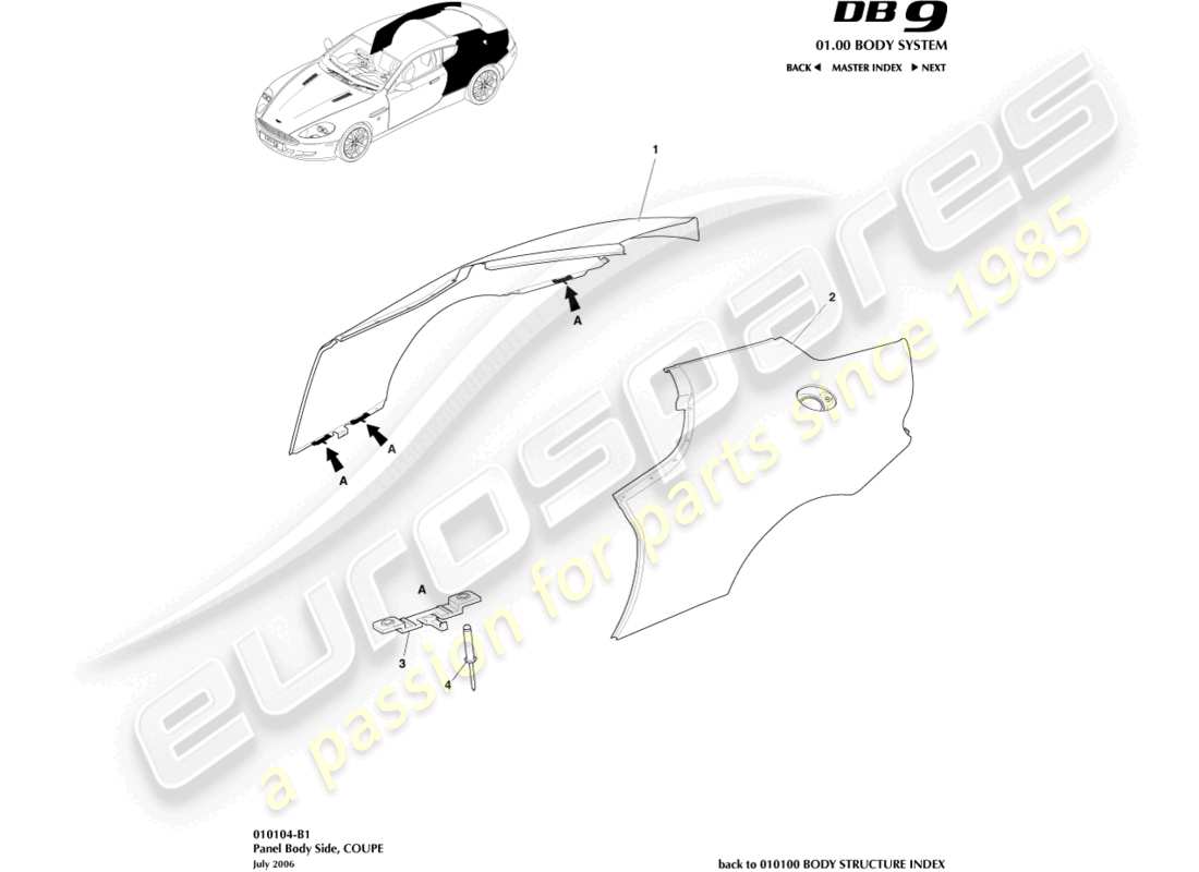 aston martin db9 (2006) panel body side, coupe part diagram
