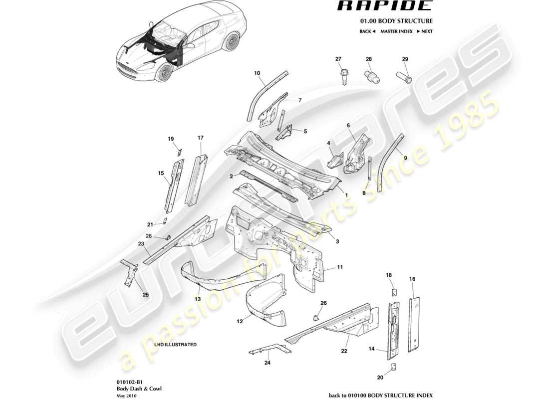 aston martin rapide (2010) body dash & cowl part diagram