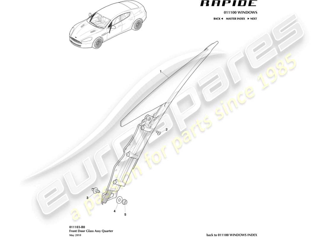 aston martin rapide (2010) front door quarter glass part diagram