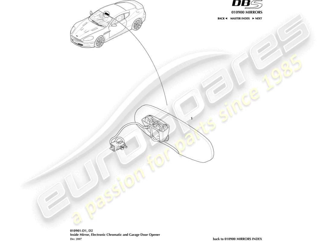 aston martin dbs (2010) interior mirror, chromatic, gdo part diagram