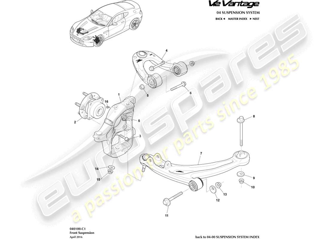 aston martin v12 vantage (2012) front suspension assembly part diagram