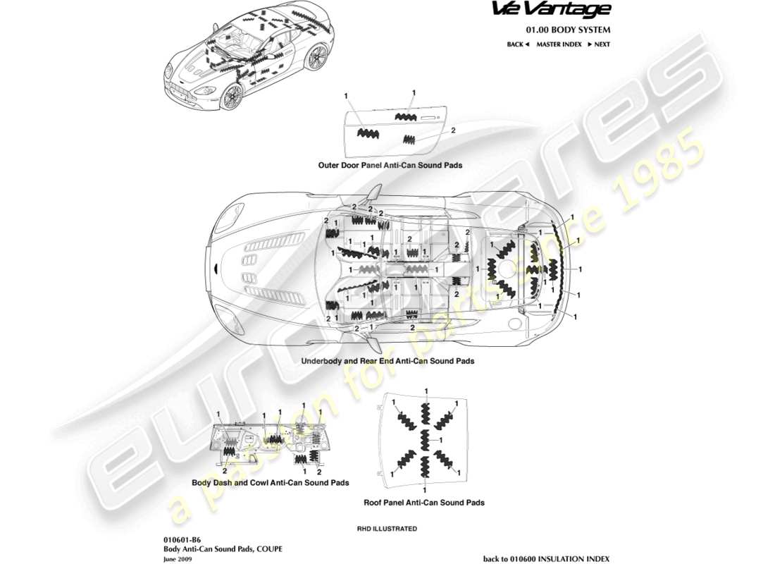 aston martin v12 vantage (2013) anti-can sound pads, coupe part diagram