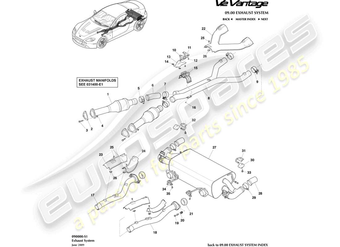aston martin v12 vantage (2012) exhaust system part diagram