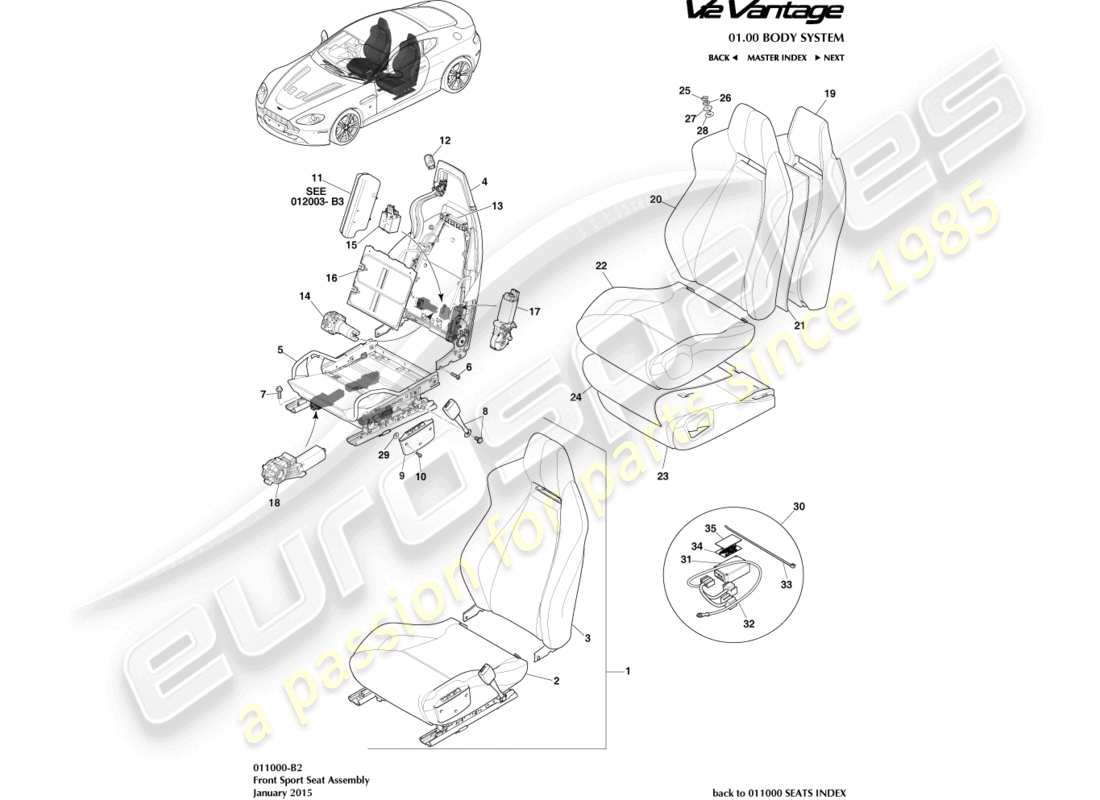 aston martin v12 vantage (2012) front sports seat part diagram