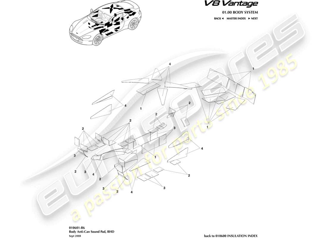 aston martin v8 vantage (2018) anti-can sound pads, rhd part diagram