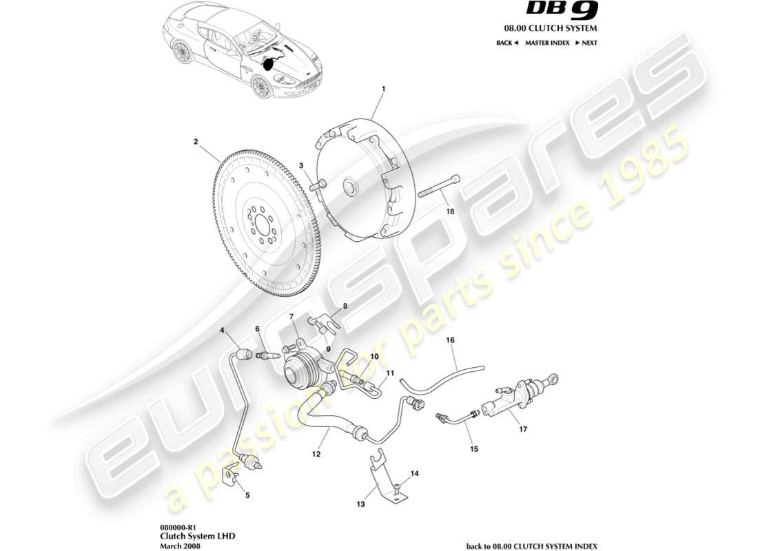 aston martin db9 (2010) clutch system, lhd part diagram