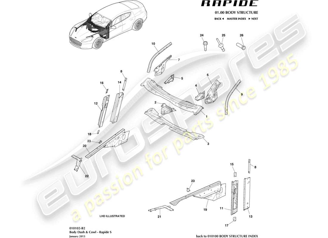 aston martin rapide (2017) body dash & cowl, s part diagram