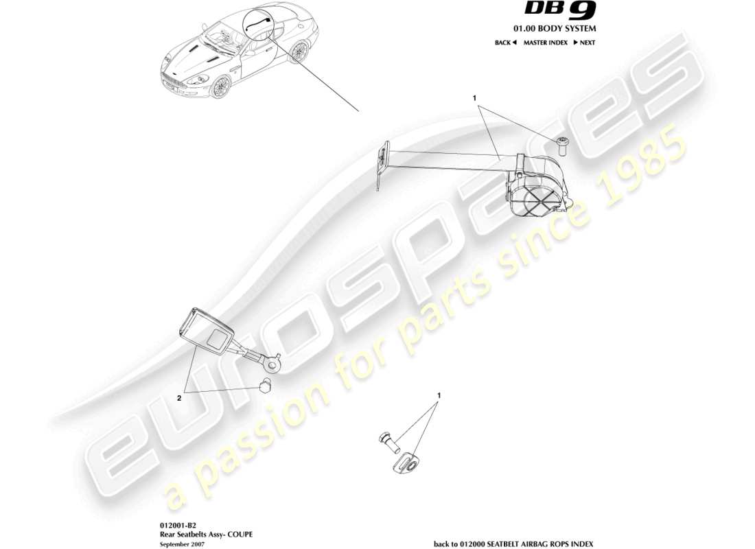 aston martin db9 (2008) rear seat belts, coupe part diagram