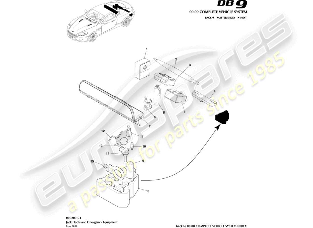 aston martin db9 (2009) emergency equipment part diagram