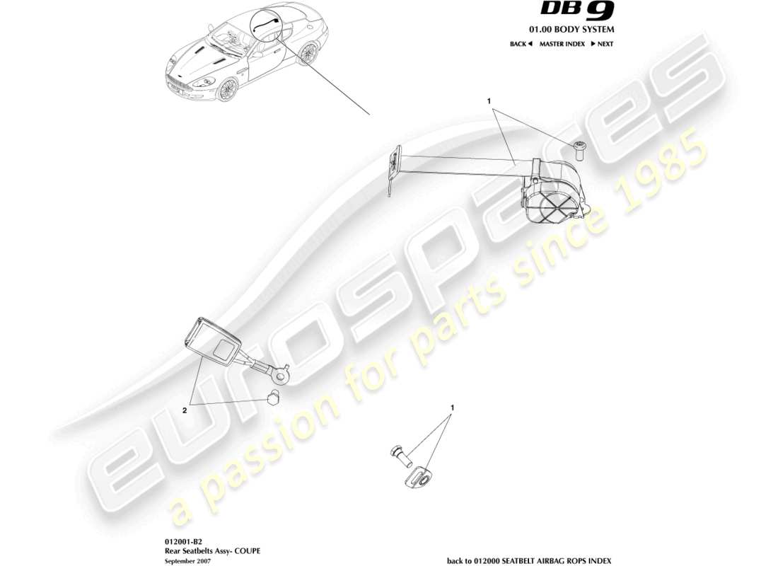 aston martin db9 (2011) rear seat belts, coupe part diagram