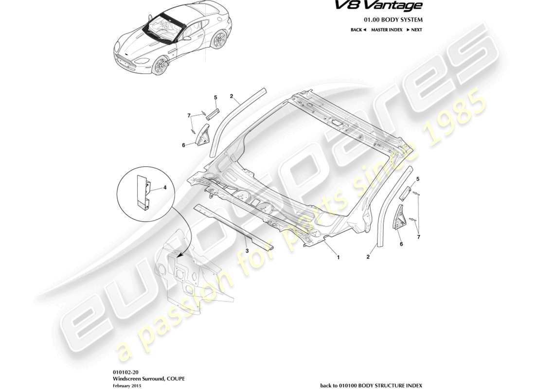 aston martin v8 vantage (2018) body dash and cowl, coupe part diagram