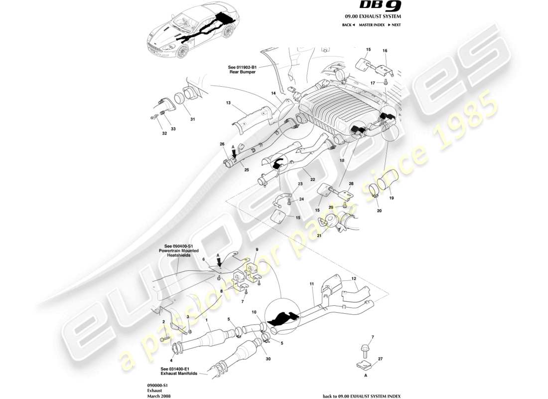 aston martin db9 (2004) exhaust system part diagram