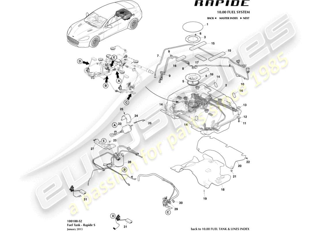 aston martin rapide (2010) fuel tank assy, s part diagram