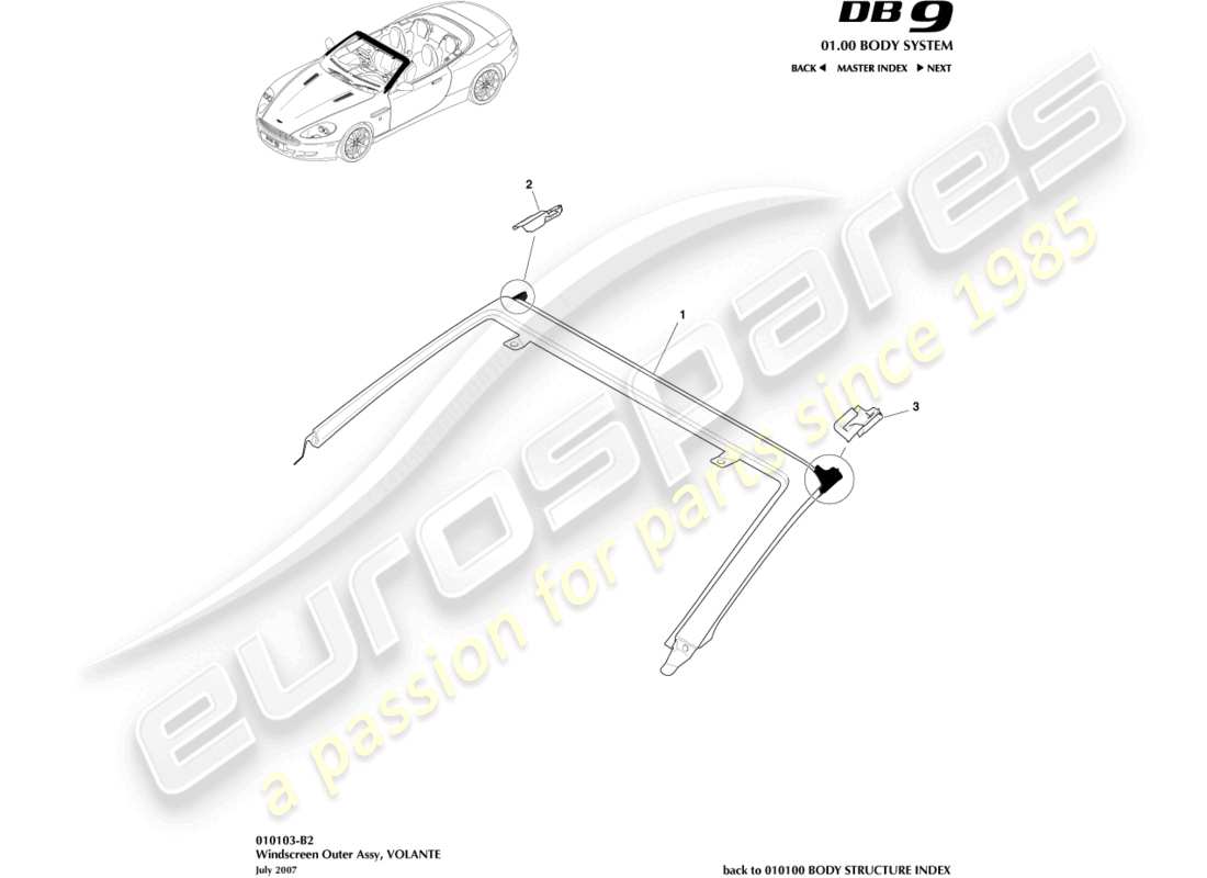 aston martin db9 (2004) windscreen, outer, volante parts diagram
