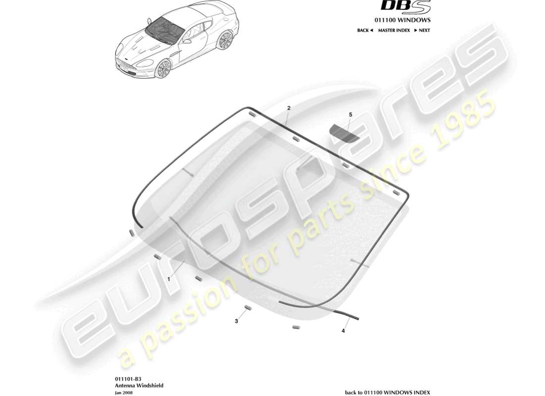 aston martin dbs (2008) windshield part diagram