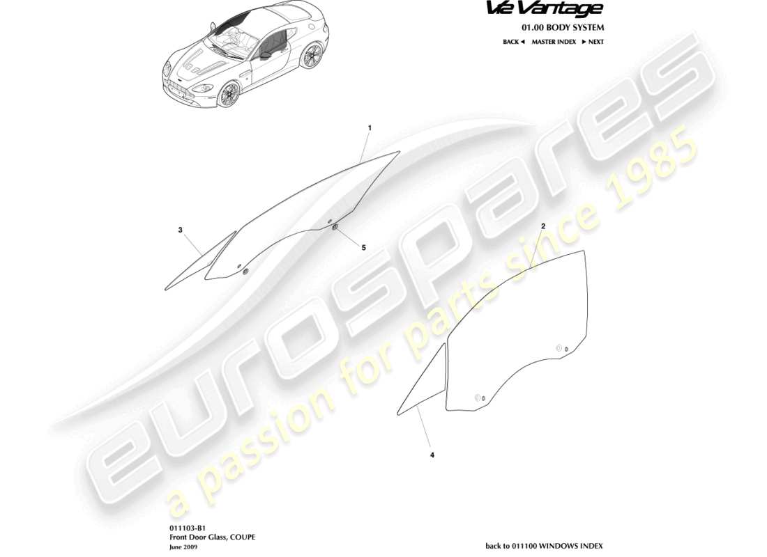 aston martin v12 vantage (2010) door glass, coupe part diagram