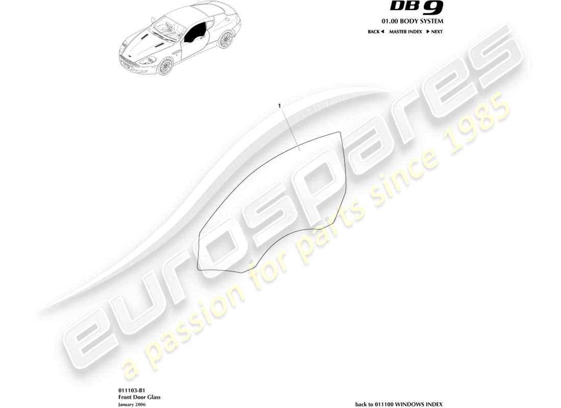 aston martin db9 (2005) door glass part diagram