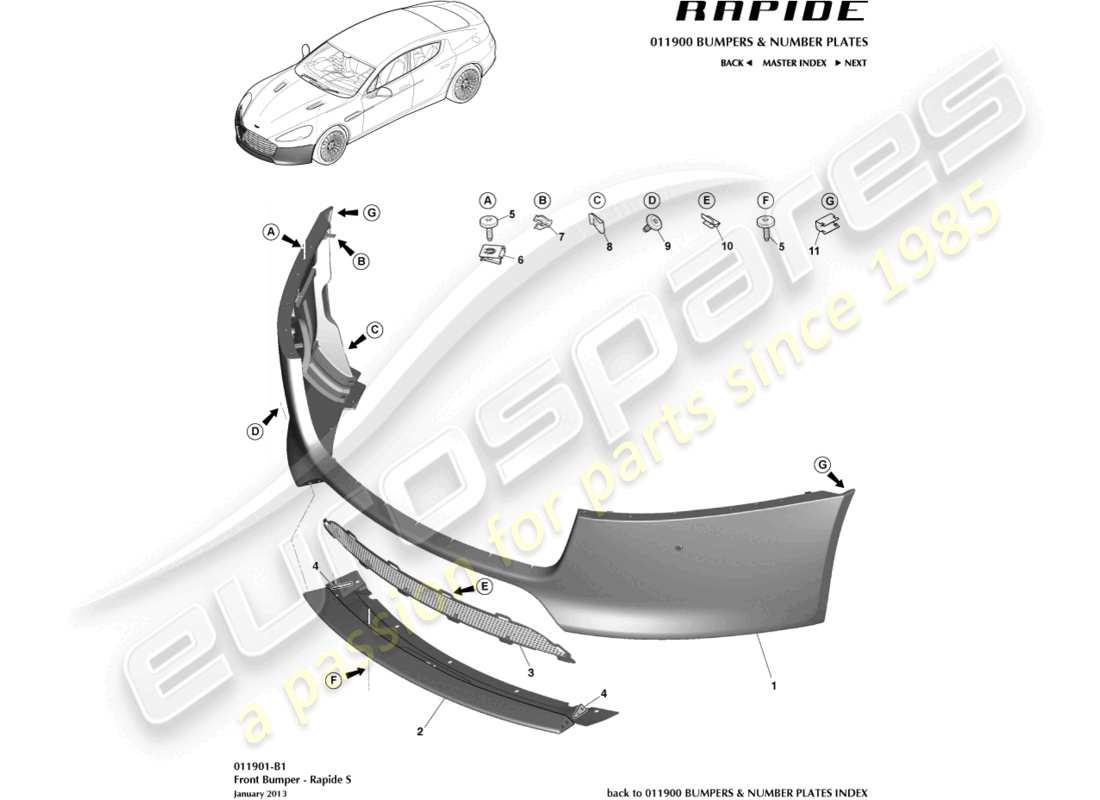 aston martin rapide (2016) front bumper, s part diagram