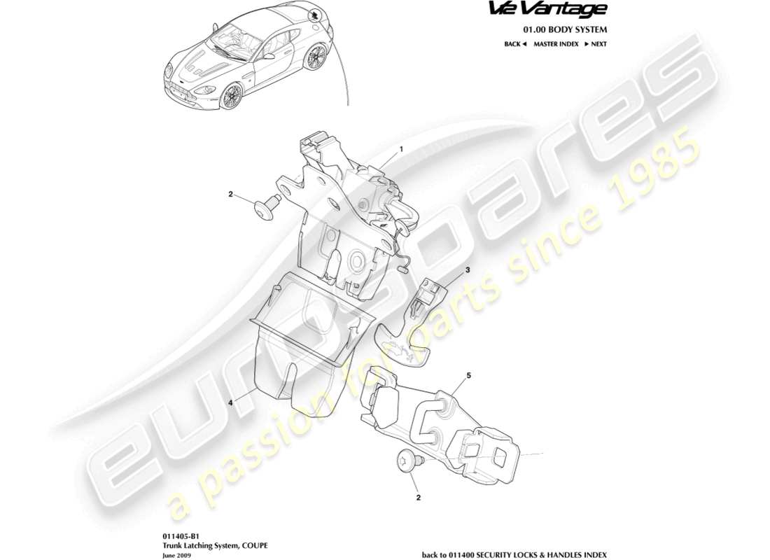 aston martin v12 vantage (2012) trunk latch system, coupe part diagram