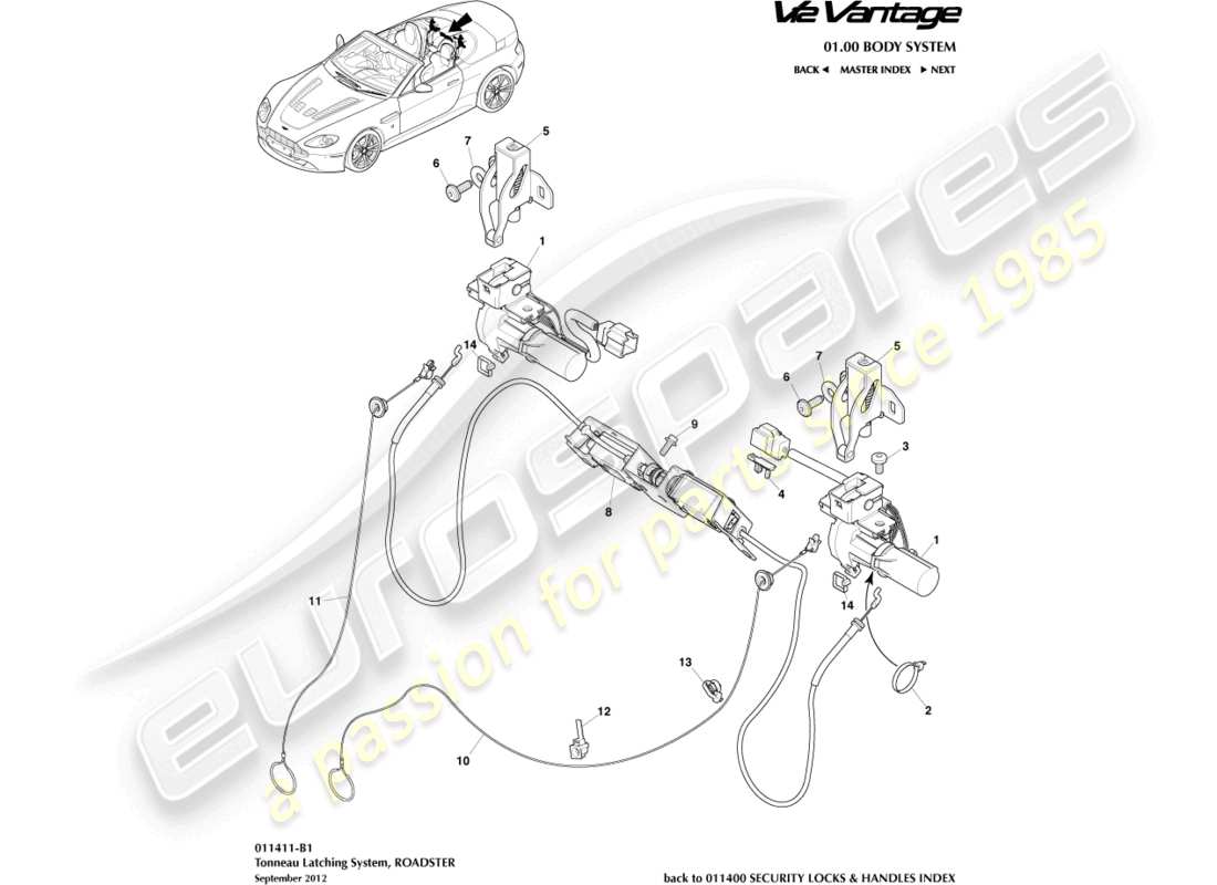 aston martin v12 vantage (2012) tonneau latching system part diagram