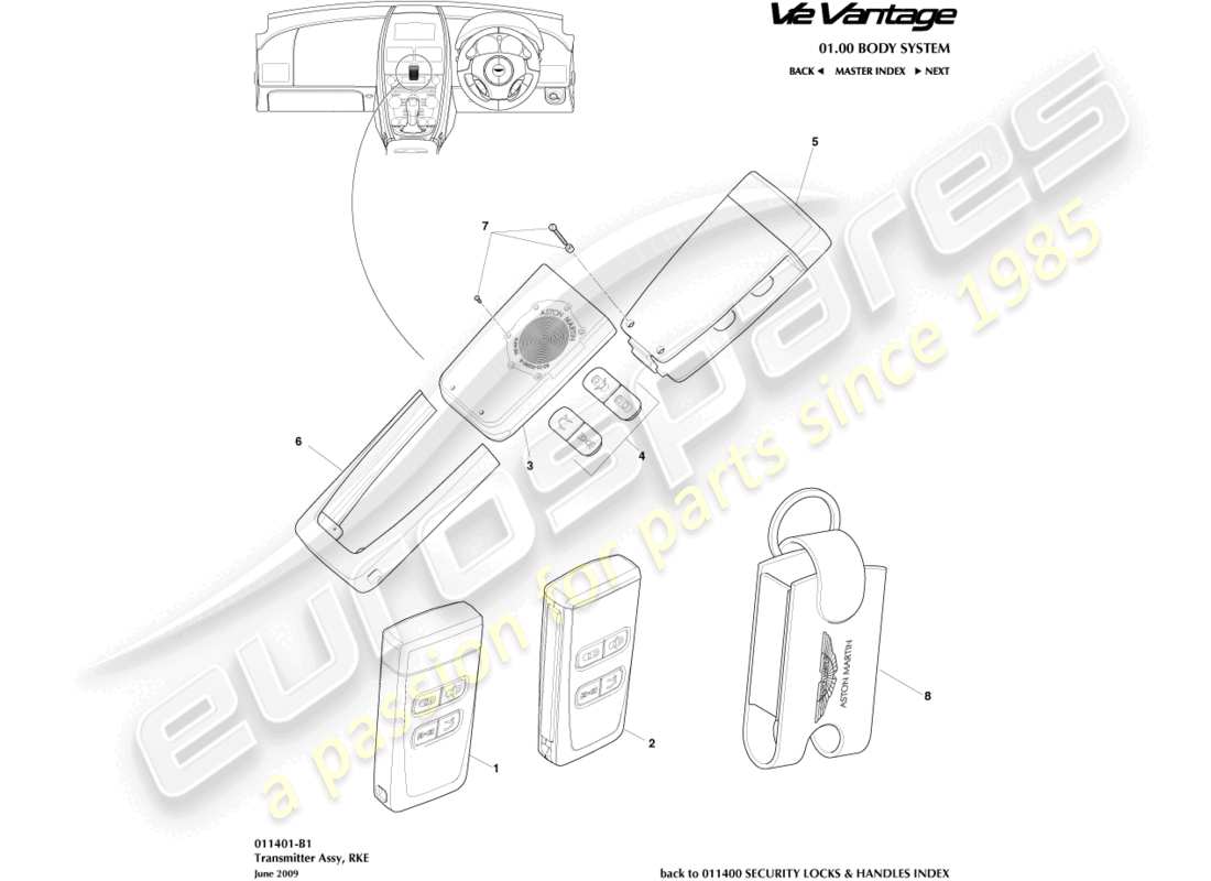 aston martin v12 vantage (2012) transmitter, rke part diagram