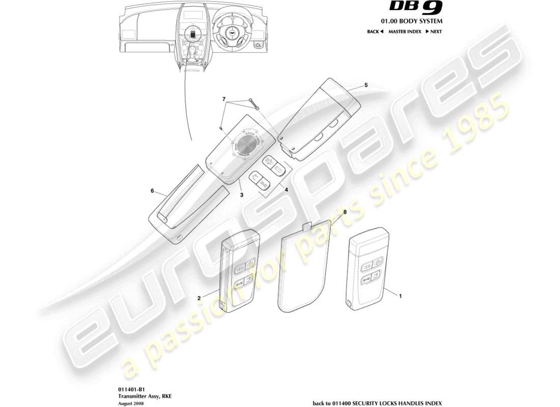 aston martin db9 (2004) transmitter, rke part diagram