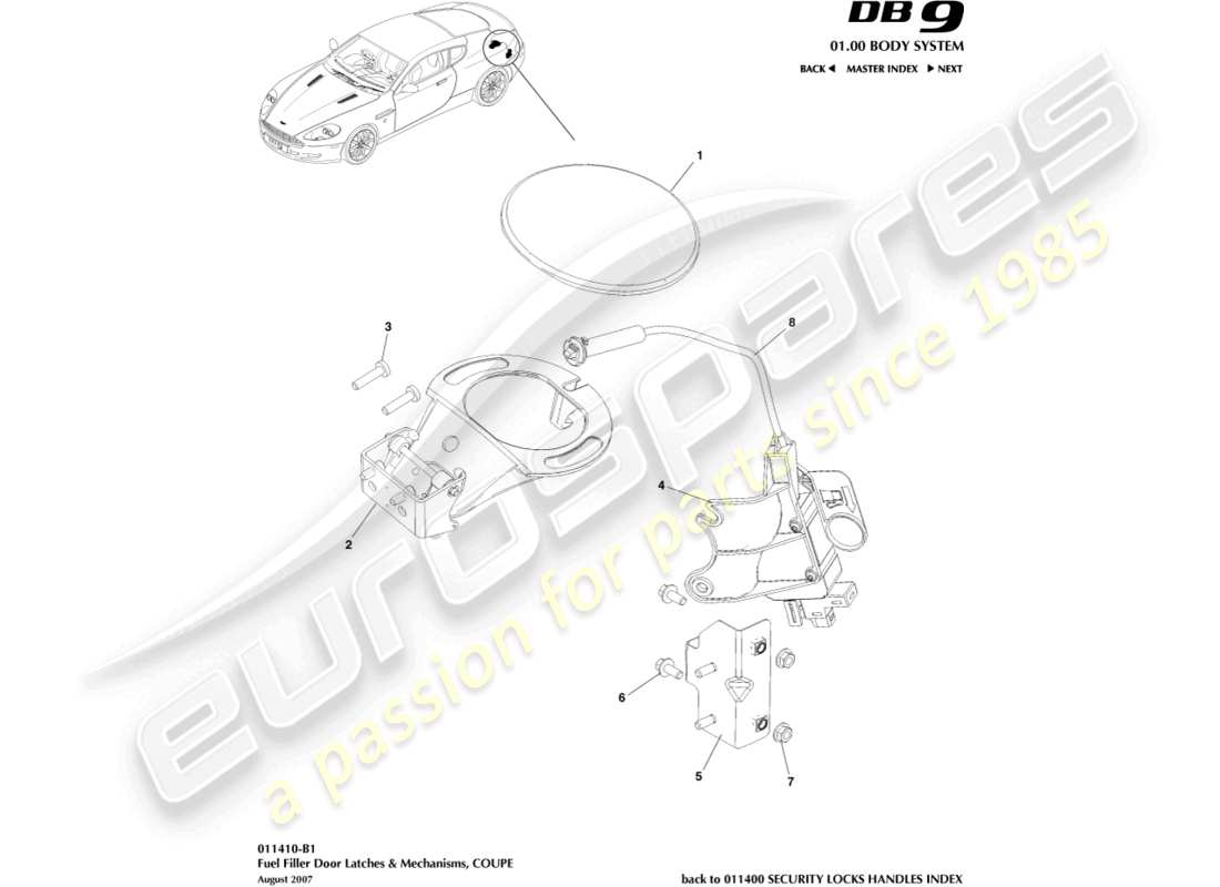 aston martin db9 (2004) fuel filler mechanism, coupe part diagram