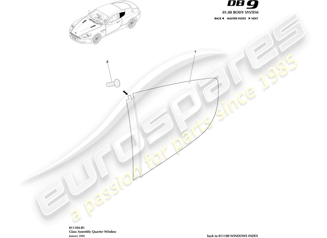 aston martin db9 (2004) rear quarter glass, coupe part diagram