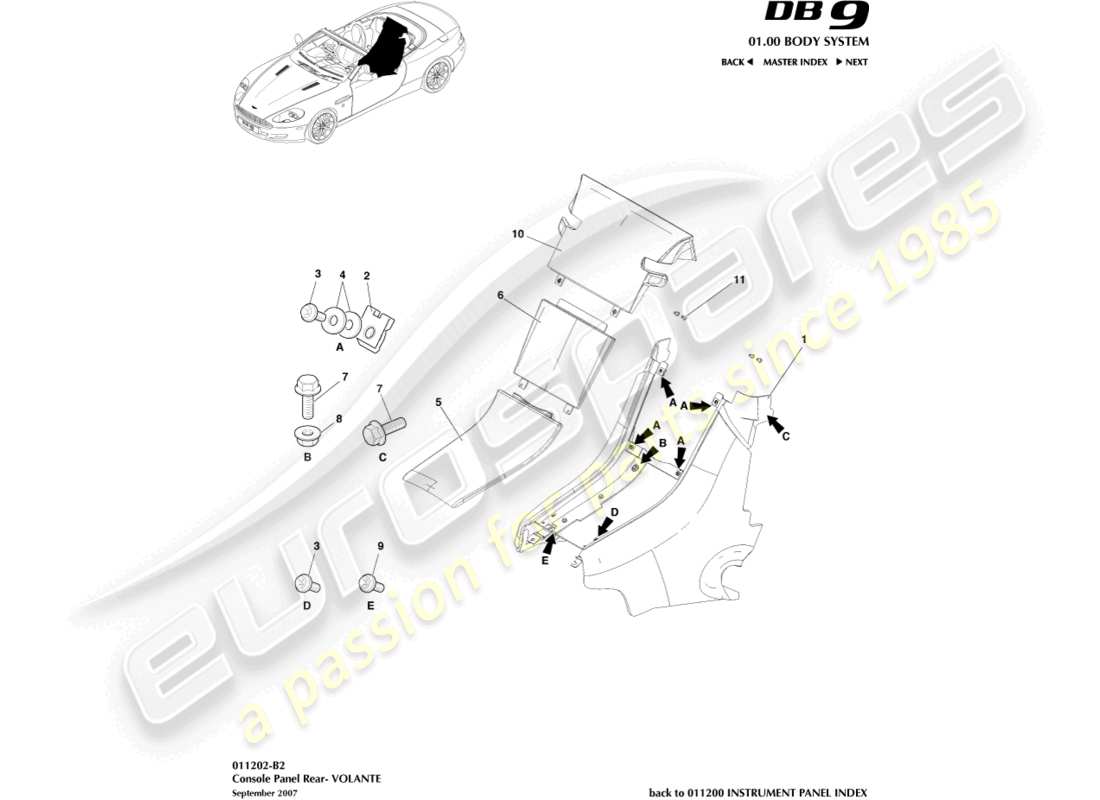 aston martin db9 (2009) rear console, volante part diagram