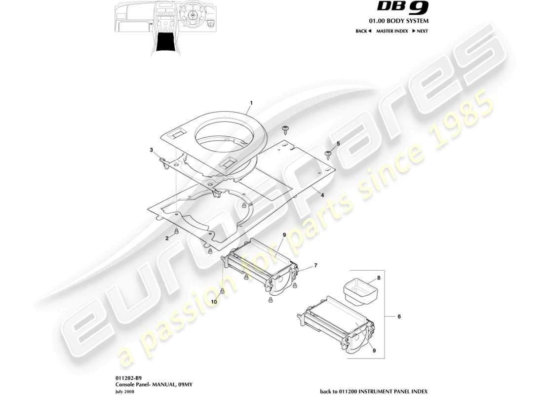 aston martin db9 (2004) front console, manual, 09my part diagram