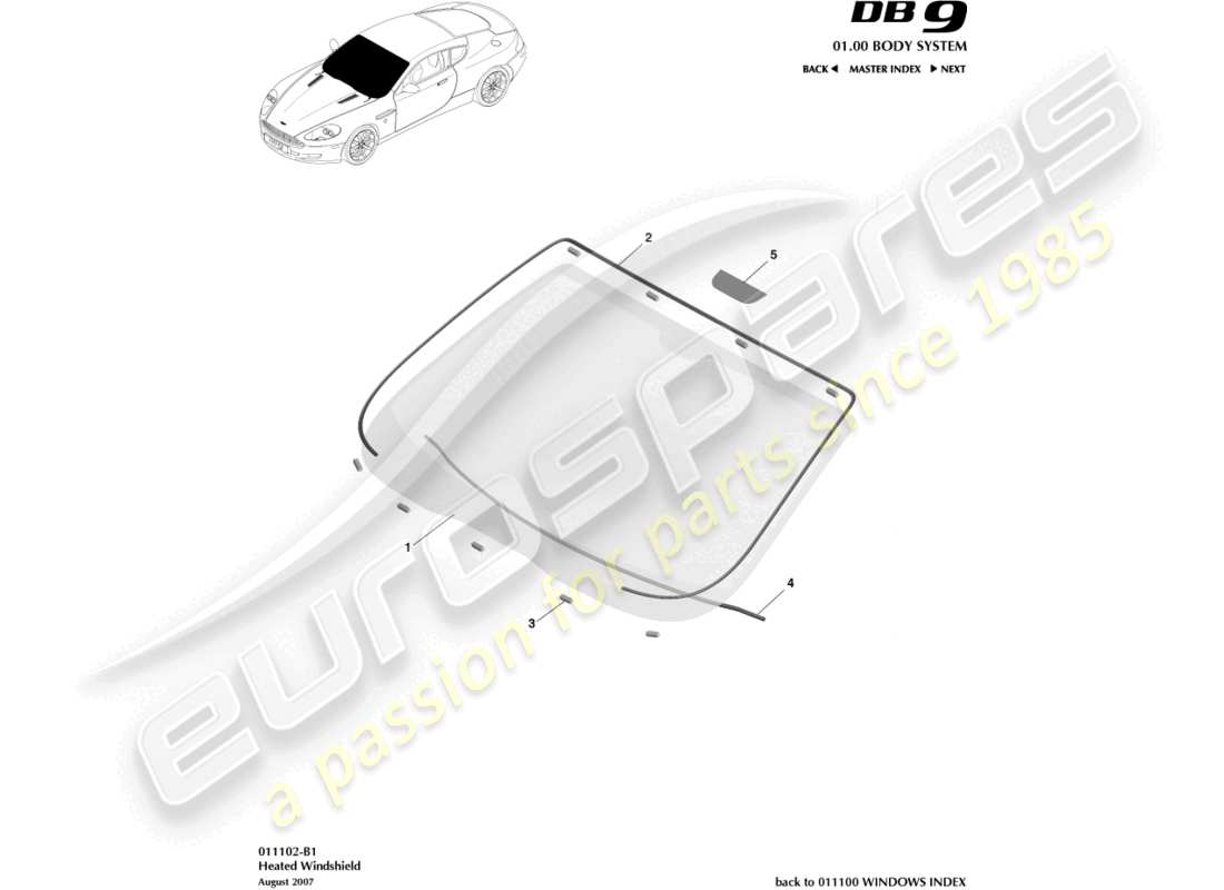 aston martin db9 (2008) windscreen, heated part diagram