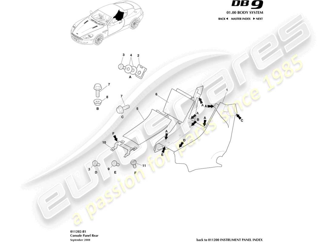 aston martin db9 (2008) rear console, coupe part diagram