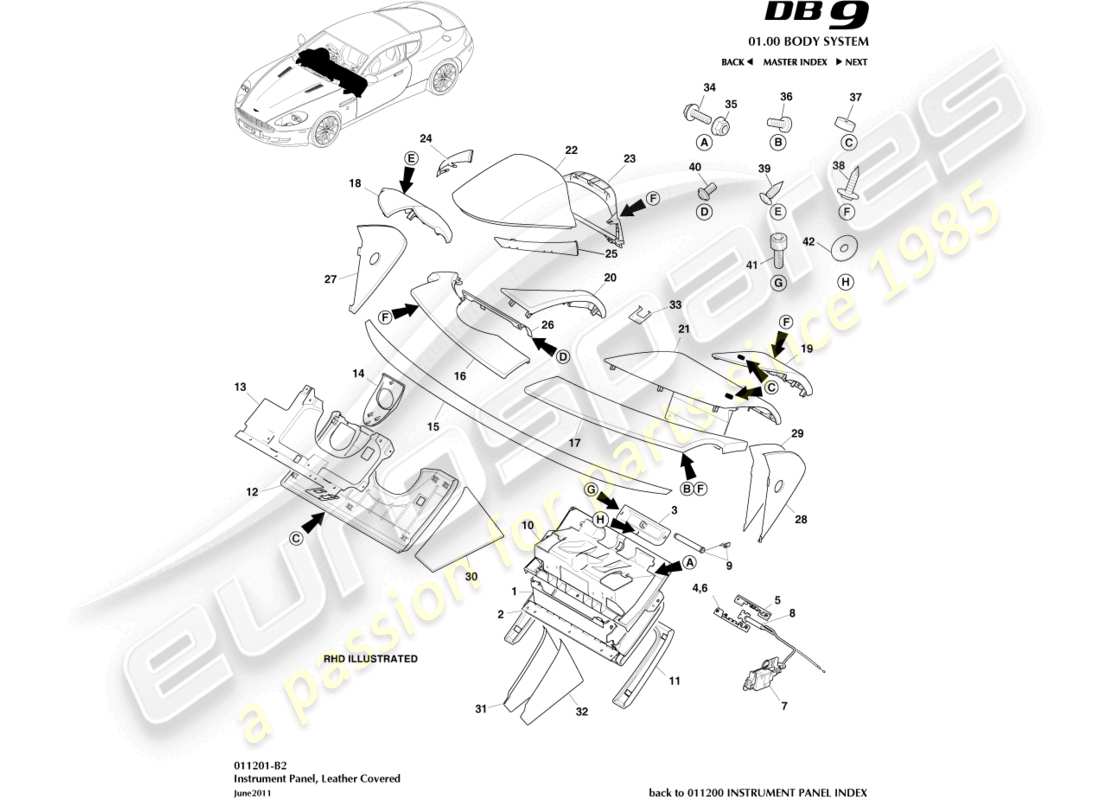 aston martin db9 (2008) instrument panel, leather part diagram