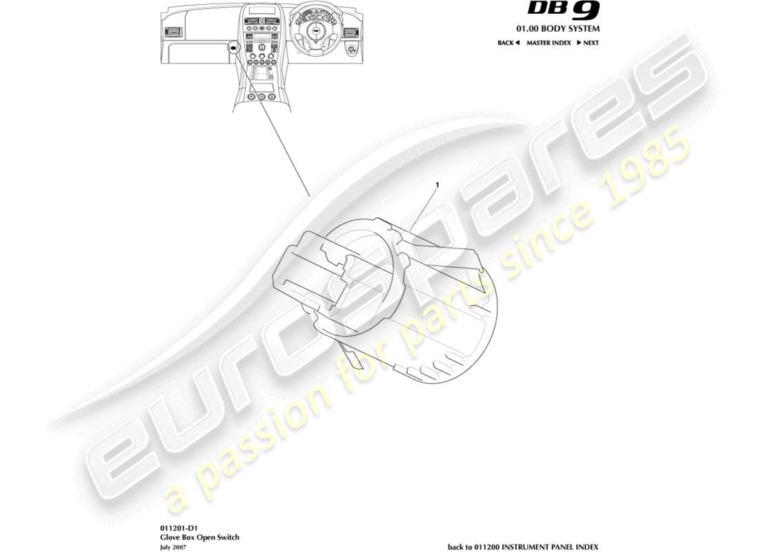 aston martin db9 (2010) glove box switch part diagram