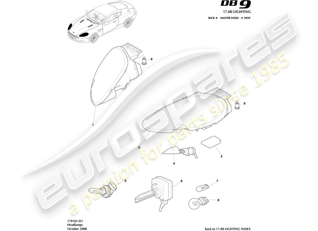 aston martin db9 (2004) headlights part diagram