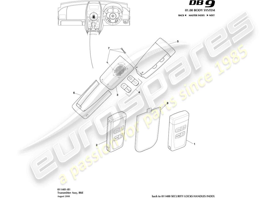 aston martin db9 (2006) transmitter, rke part diagram