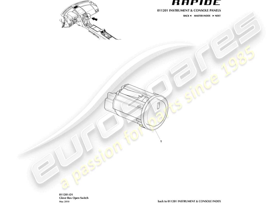 aston martin rapide (2010) glove box switch part diagram