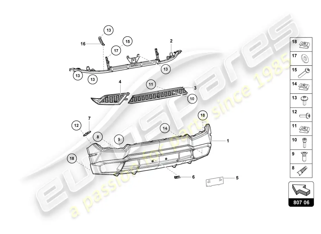 lamborghini lp580-2 coupe (2018) bumper, complete rear parts diagram