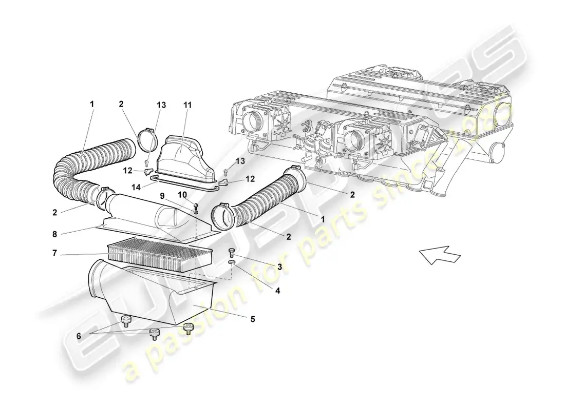 lamborghini murcielago coupe (2004) air filter with connecting parts parts diagram