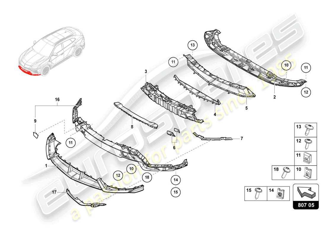 lamborghini urus performante (2023) bumper, complete carbon part diagram