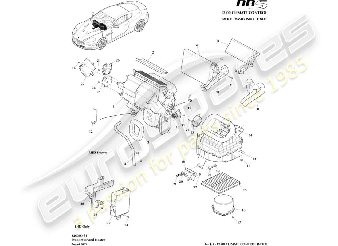 aston martin dbs (2008) evaporator & heater part diagram