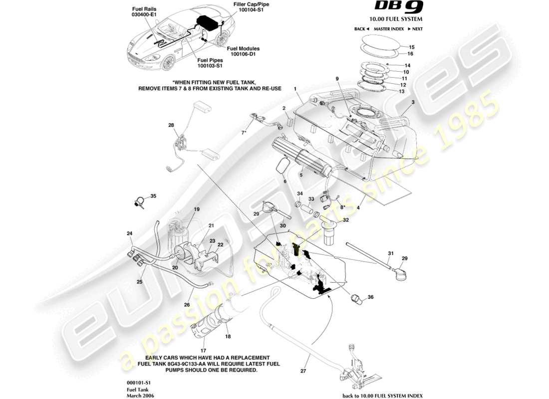 aston martin db9 (2004) fuel tank assy part diagram